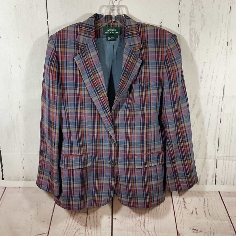 Lauren Ralph Lauren Vintage‎ Madras Plaid Blazer Women 12 Linen Preppy Old Money